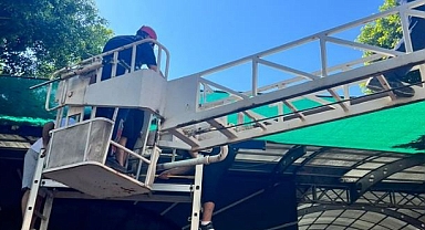Evinin balkonunda dengesini kaybeden kişi alttaki iş yerinin tentesine düştü