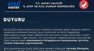 Hatay AFAD’dan Kira Yardımı Açıklaması