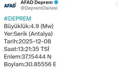 Antalya Serik’te 4,9 Büyüklüğünde Deprem