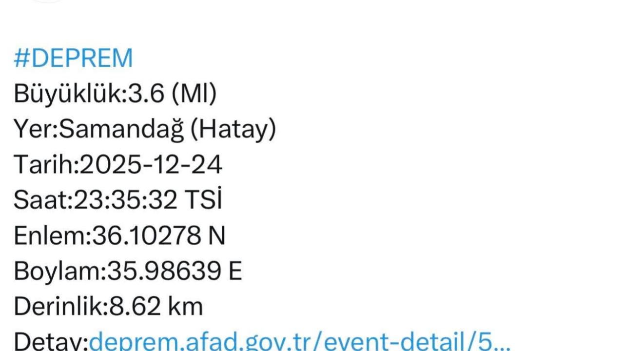 Samandağ'da 3.6 Büyüklüğünde Deprem