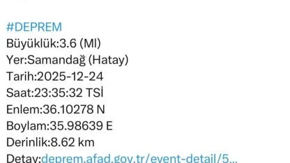 Samandağ'da 3.6 Büyüklüğünde Deprem