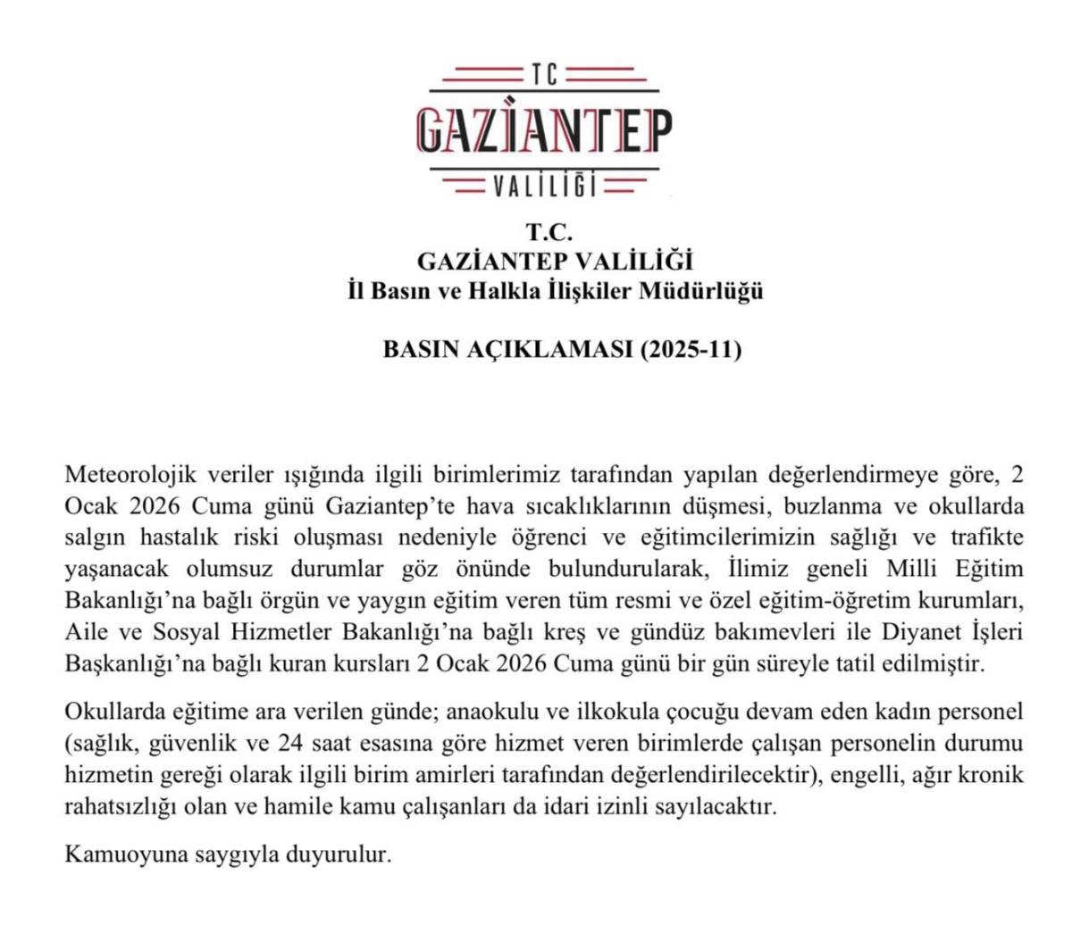 Gaziantep'te okullar tatil mi? Vali Kemal Çeber 2 Ocak Cuma kar tatilini duyurdu!