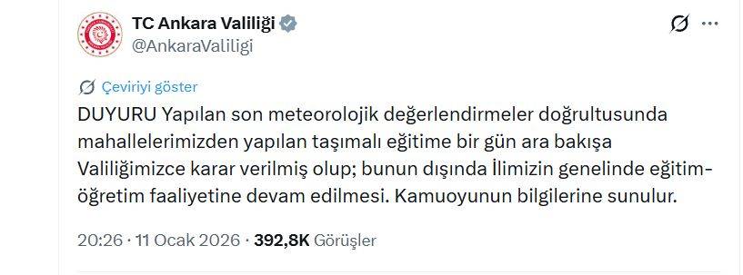 Son Dakika: Ankara’da yarın okullar tatil mi? 12 Ocak pazartesi valilikten kar tatili açıklaması!